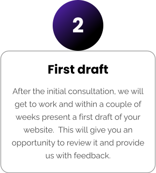 First draft After the initial consultation, we will get to work and within a couple of weeks present a first draft of your website.  This will give you an opportunity to review it and provide us with feedback. 2